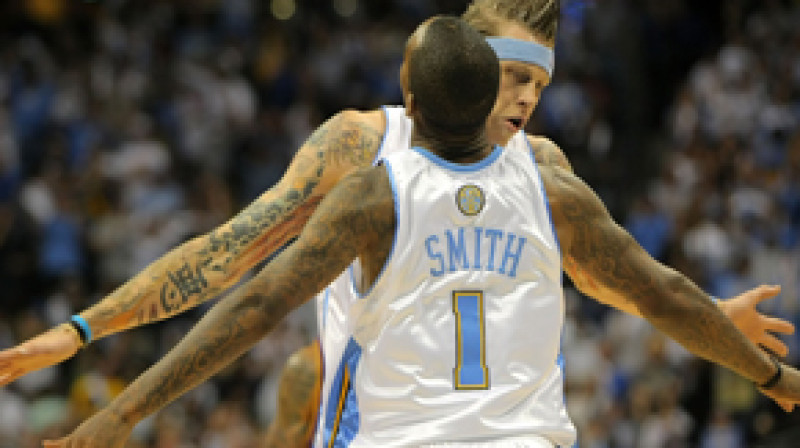 Denveras "Nuggets" basketbolisti pagājušā gada "play-off" spēlēs.
Foto: AP