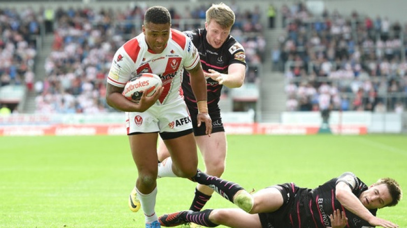 "St. Helens" spēlētājs Džordans Tērners (ar bumbu)
Foto: PA Wire/Scanpix