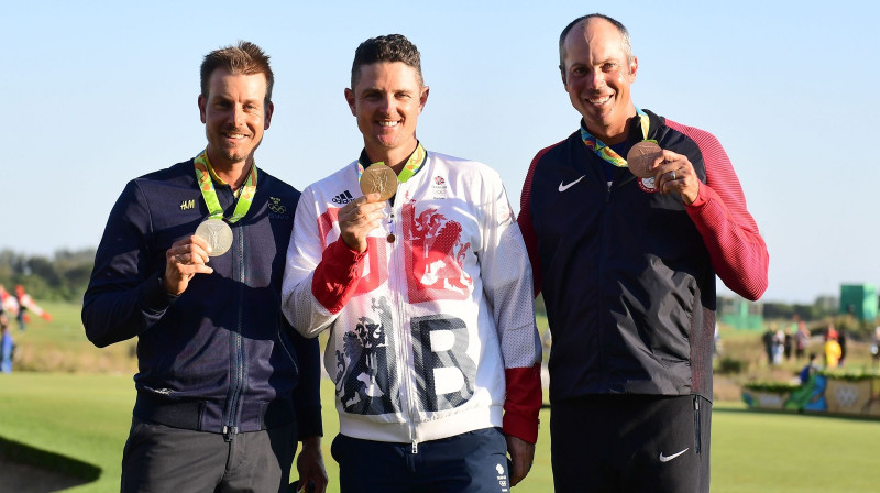Rio golfa medaļu ieguvēji Henriks Stensons, Džastins Rouzs un Mets Kučars
Foto: AFP/Scanpi
