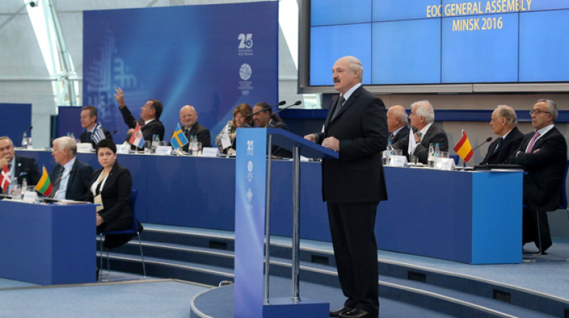 Baltkrievijas prezidents Aleksandrs Lukašenko uzstājas EOK Ģenerālajā asamblejā Minskā
Foto: president.gov.by