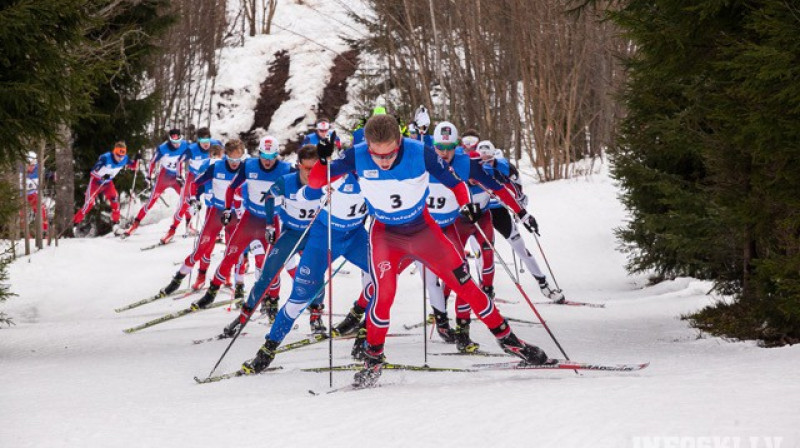 Vīrieši sākuši distanci ar masu startu Skandināvijas kausa posmā Madonā 2015.gadā. Foto: Infoski.lv