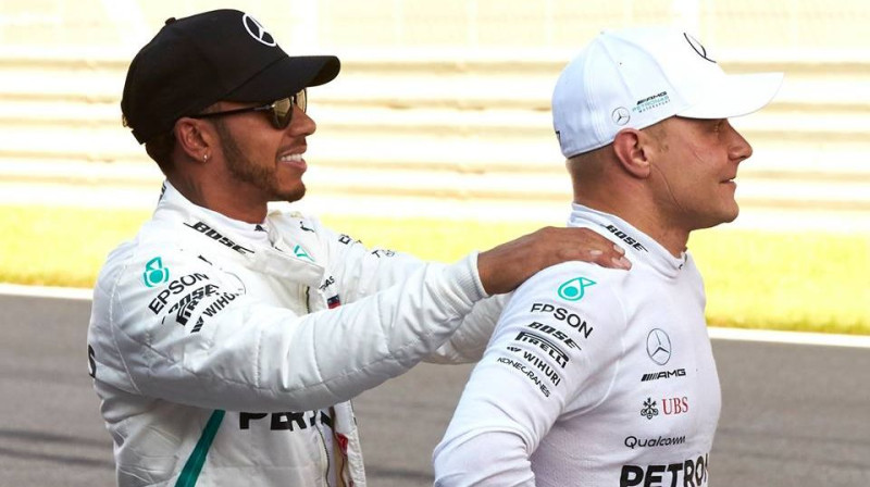 Lūiss Hamiltons un Valteri Botass. Foto: Facebook.com/MercedesAMGF1