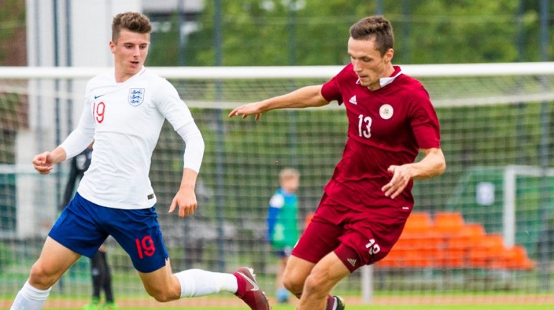 Latvijas U21 izlases vārtus pret angļiem guva Raivis Andris Jurkovskis. Foto: LFF