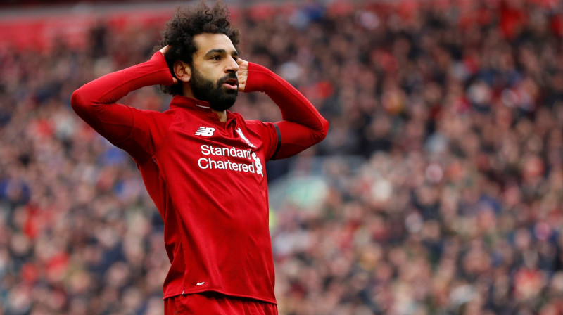 "Liverpool" futbolists Mohameds Salāhs svin vārtu guvumu. Foto: Reuters/Scanpix