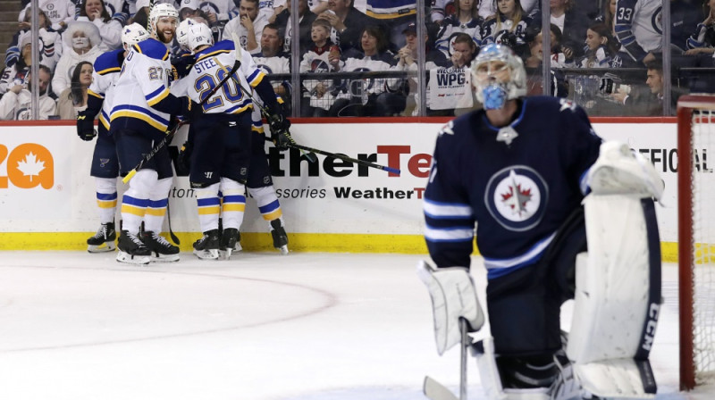 "Blues" pēc uzvaras vārtu guvuma. Foto: USA Today Sports/Scanpix