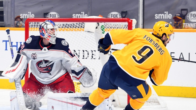 Jonass Korpisalo spēlē pret "Predators". Foto: USA TODAY Sports/Scanpix