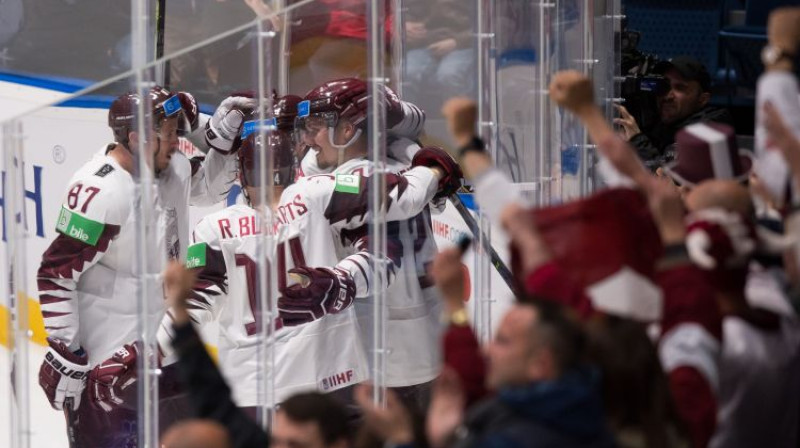 Latvijas hokeja izlase 2019. gada pasaules čempionātā. Foto: AFP/Scanpix