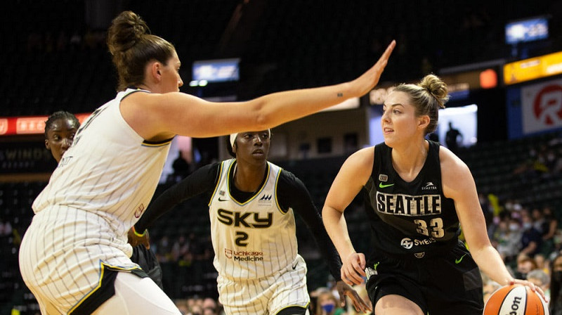 Keitija Lū Semjuelsone cenšas tikt garām Stefānijai Dolsonei. Foto: Seattle Storm