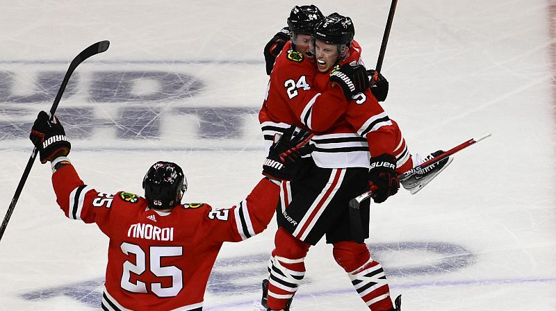 "Blackhawks" hokejisti svin vārtu guvumu. Foto. USA Sports Today. Scanpix