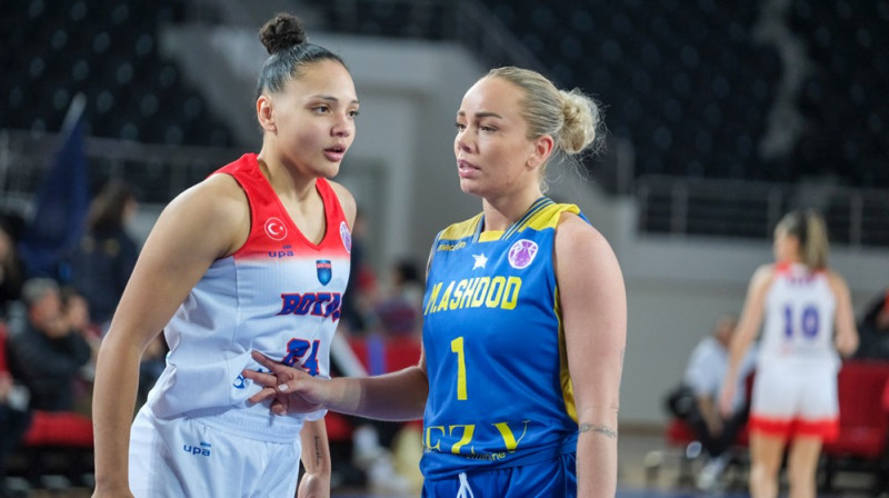 Ilze Jākobsone un Destinija Slokuma 2022. gada 15. decembrī. Foto: EuroCup Women