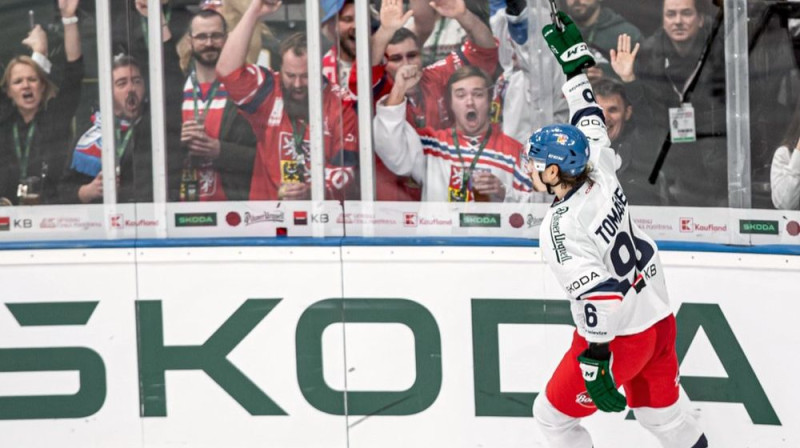 Čehijas valstsvienības hokejists Davids Tomāšeks un līdzjutēji pēc vārtu guvuma. Foto: Jan Beneš/Ceskyhokej.cz
