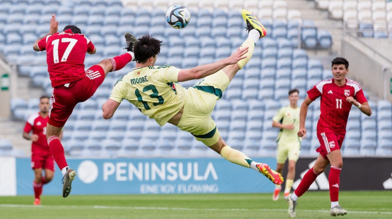 Mirklis no Gibraltāra un Velsas izlašu spēles. Foto: Cymdeithas Bêl-droed Cymru