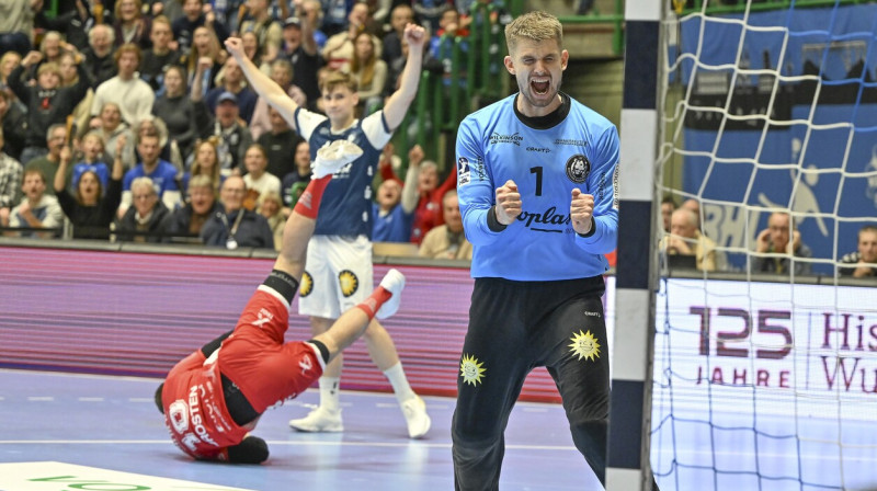 "Bergischer" vārtsargs Kristofers Rūdeks Vācijas kausa ceturtdaļfinālā pret Melzungeni. Foto: Nordphoto/Scanpix